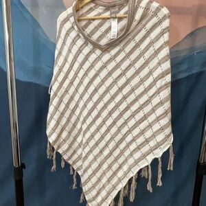Chico's Beige and Taupe Striped Tassel Knit Poncho